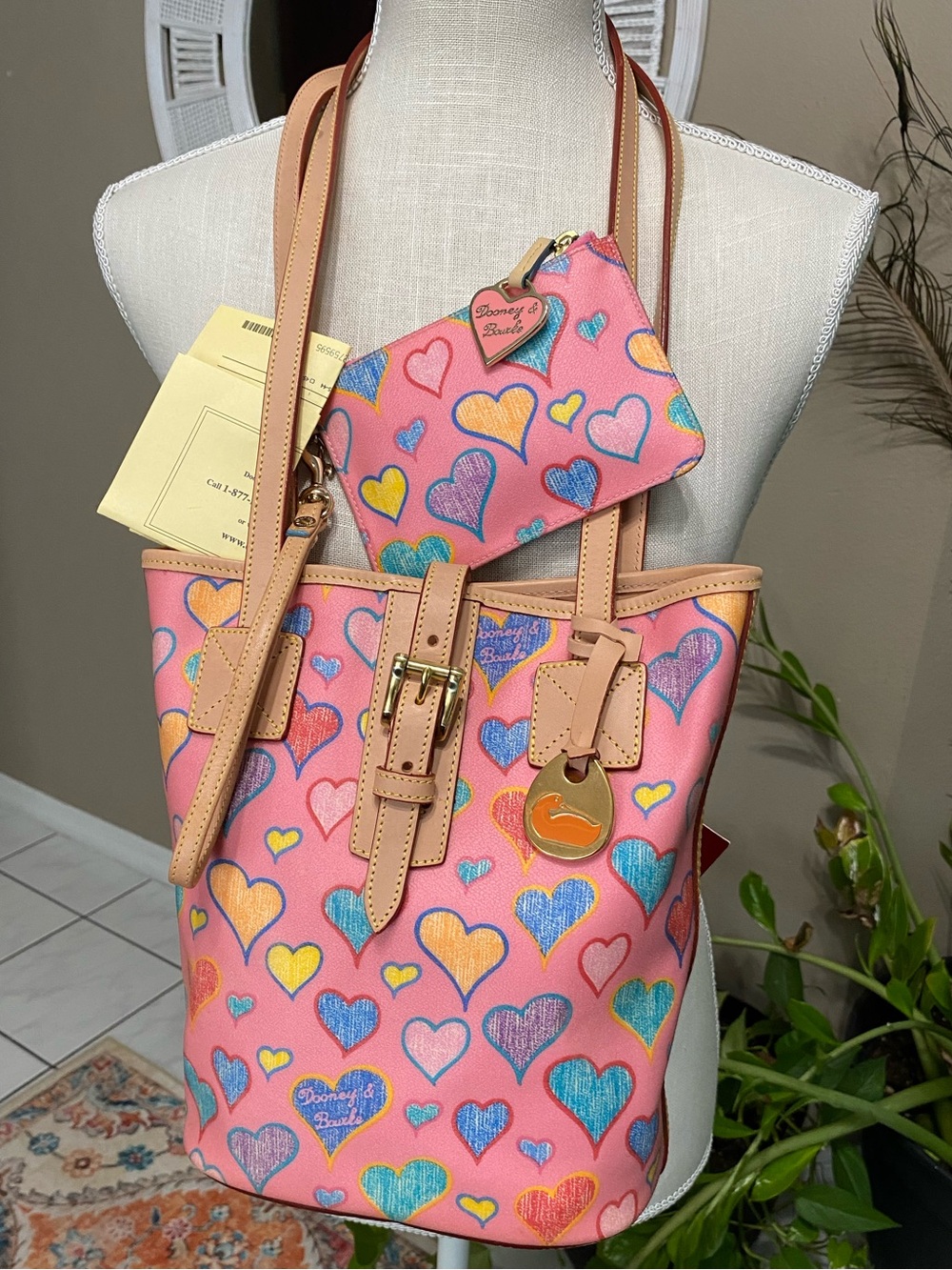 Vintage Dooney & Bourke Crayon Hearts Bucket Bag & Wristlet Wallet Pink